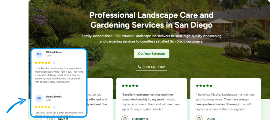 A screenshot of a trusted review for a landscaper in San Diego