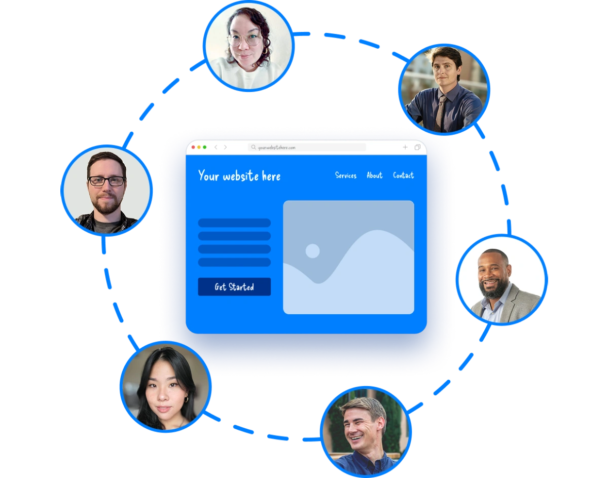 Team members in a circle around website mockup