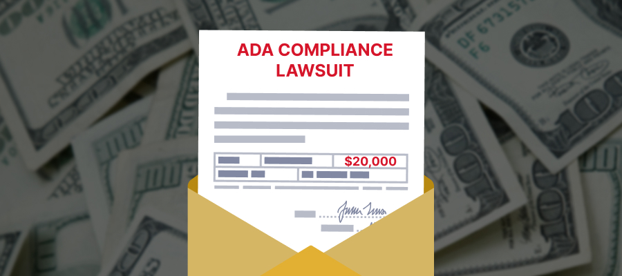 An ADA compliance lawsuit letter in an envelope against a background of cash money