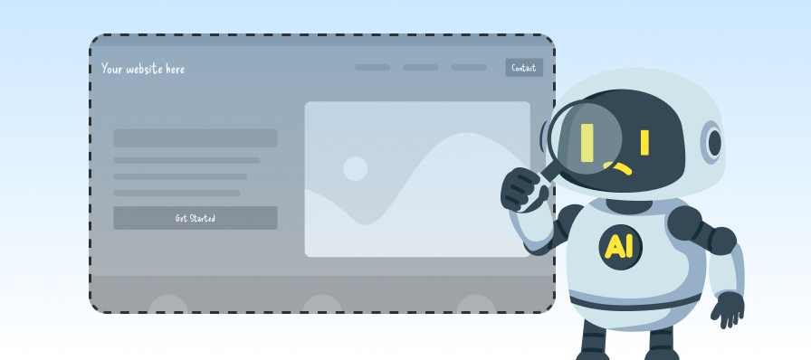 A cute robot looking at an empty webpage with a magnifying glass