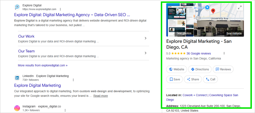 Google search results for Explore Digital showing their Google Business Profile