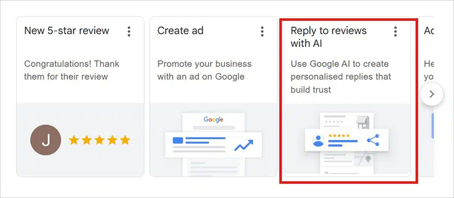 Screenshot of the "Reply to reviews with AI" feature