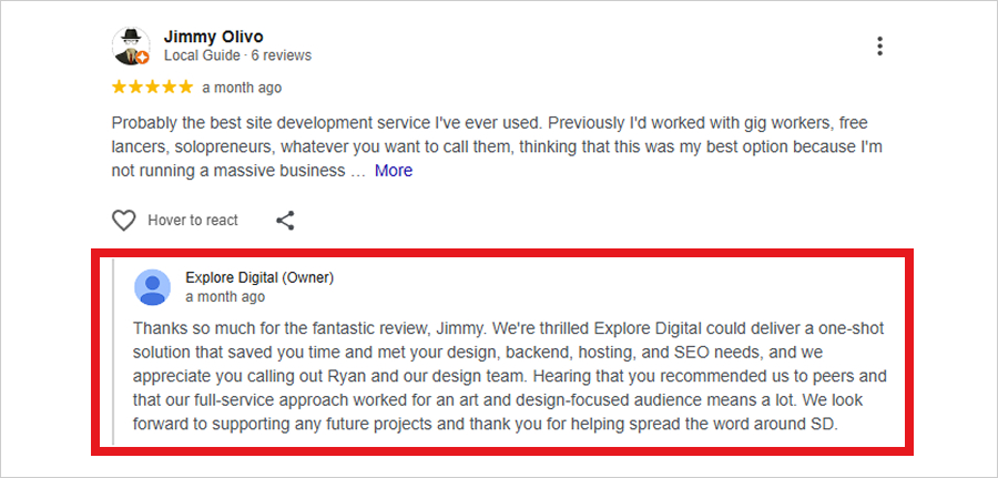 Screenshot of Explore Digital's response to a review