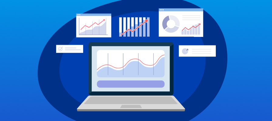A graphic of a laptop surrounded by metrics reports