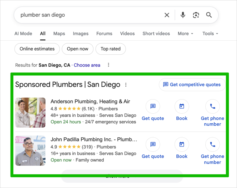 Screenshot of Local Service Ads for plumbers