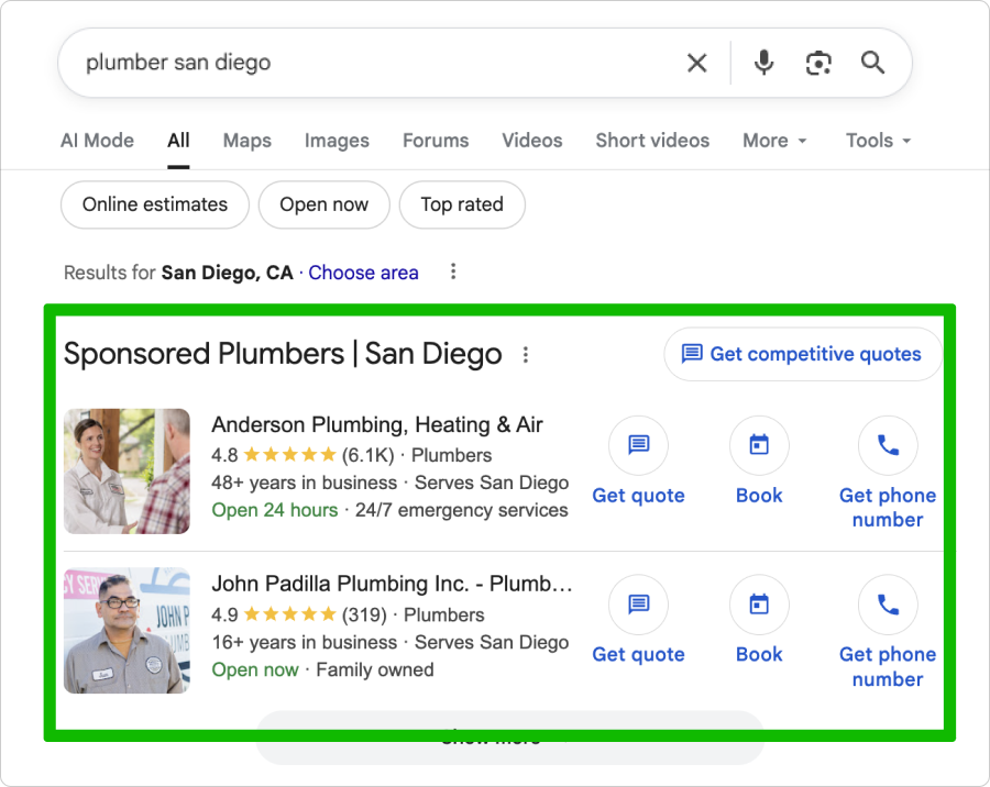 Screenshot of Local Service Ads for plumbers