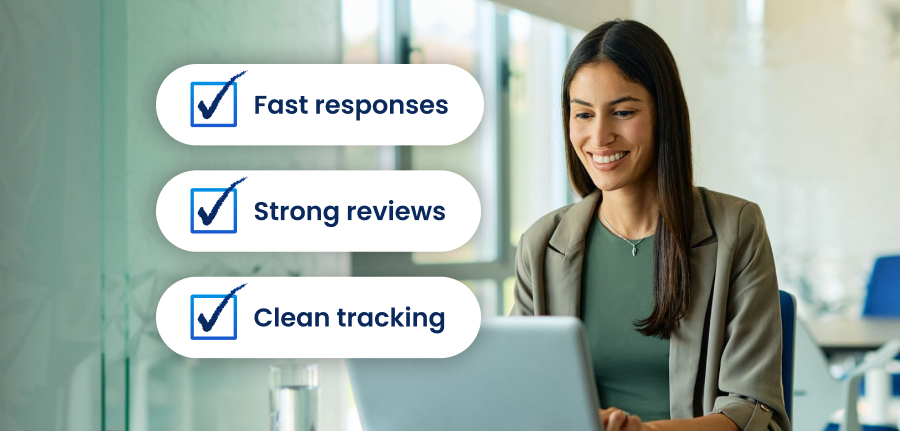 Woman at laptop with text bubbles saying fast responses, strong reviews, clean tracking