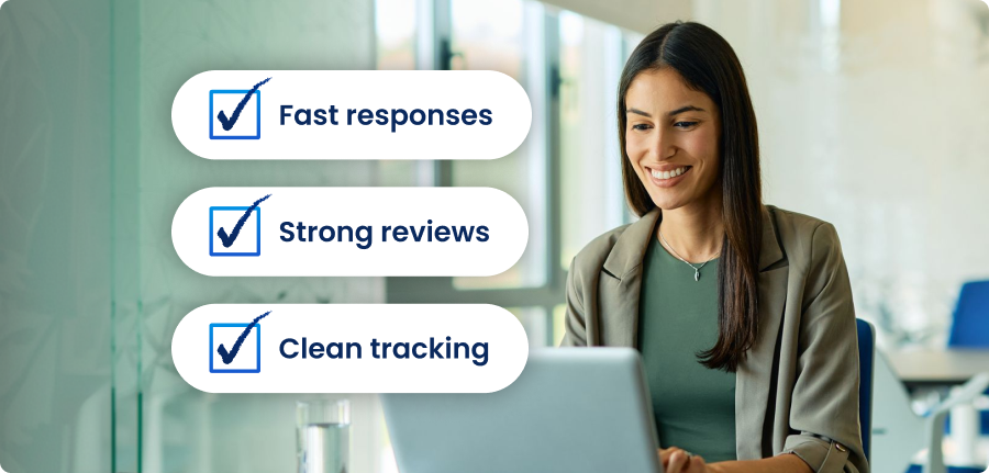 Woman at laptop with text bubbles saying fast responses, strong reviews, clean tracking