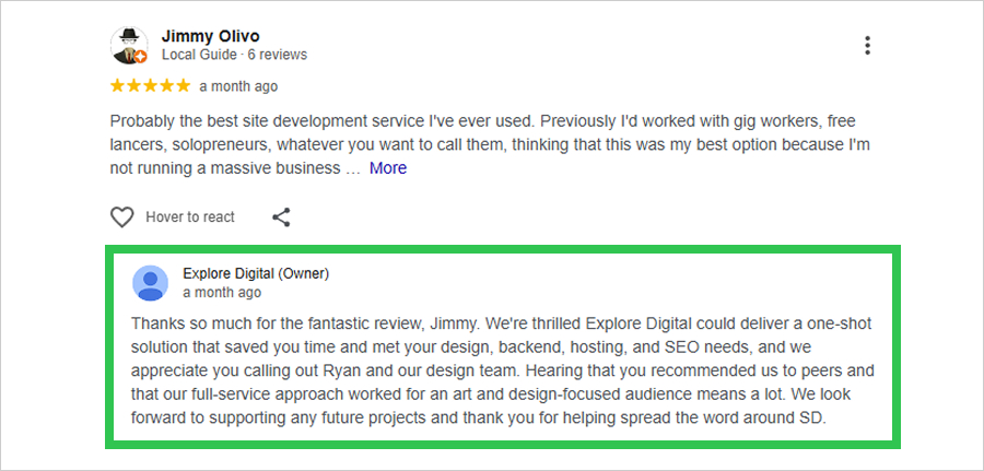 Screenshot of a response to a review by Explore Digital
