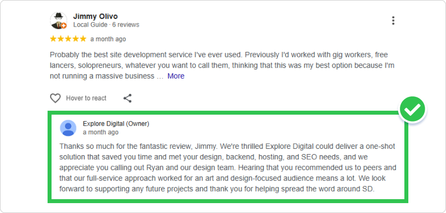 Screenshot of a response to a review by Explore Digital