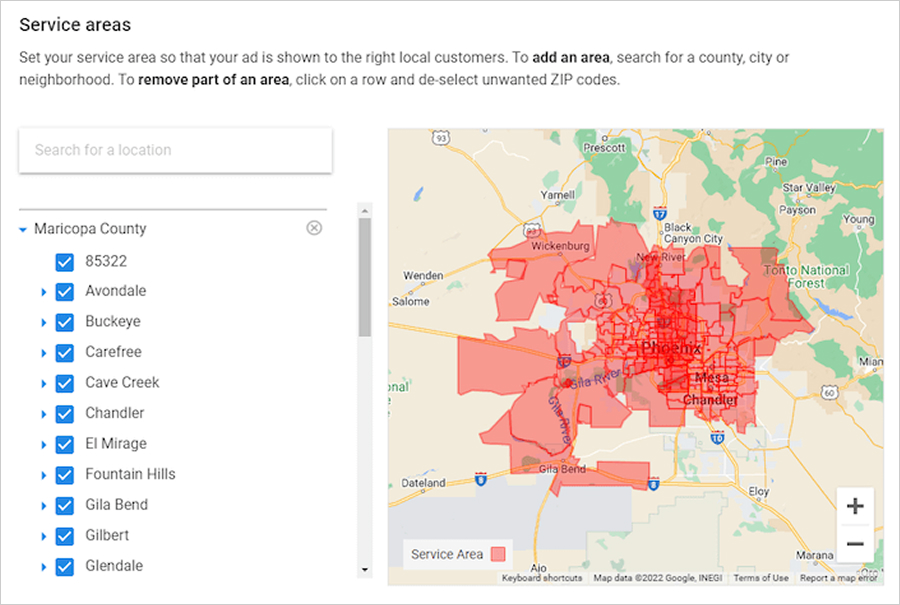 Screenshot of a map of service areas