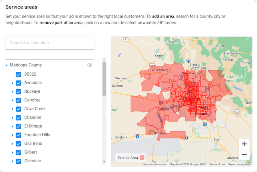 Screenshot of a map of service areas