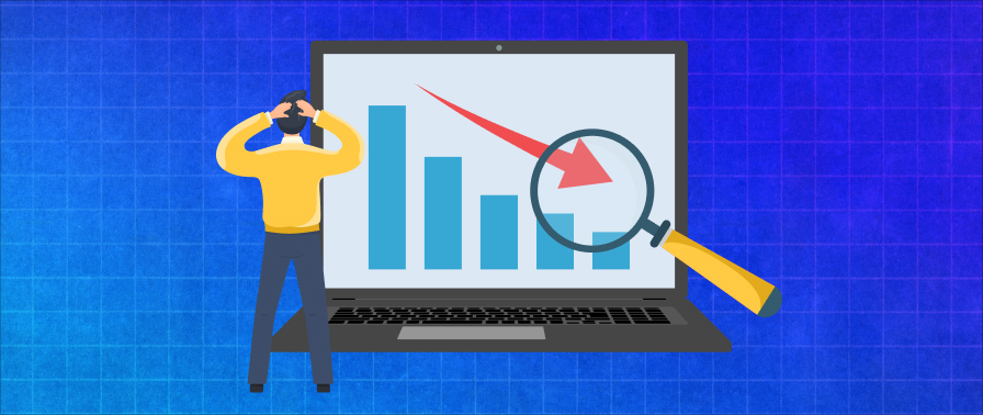 Graphic of a stressed man looking at his plummeting metrics
