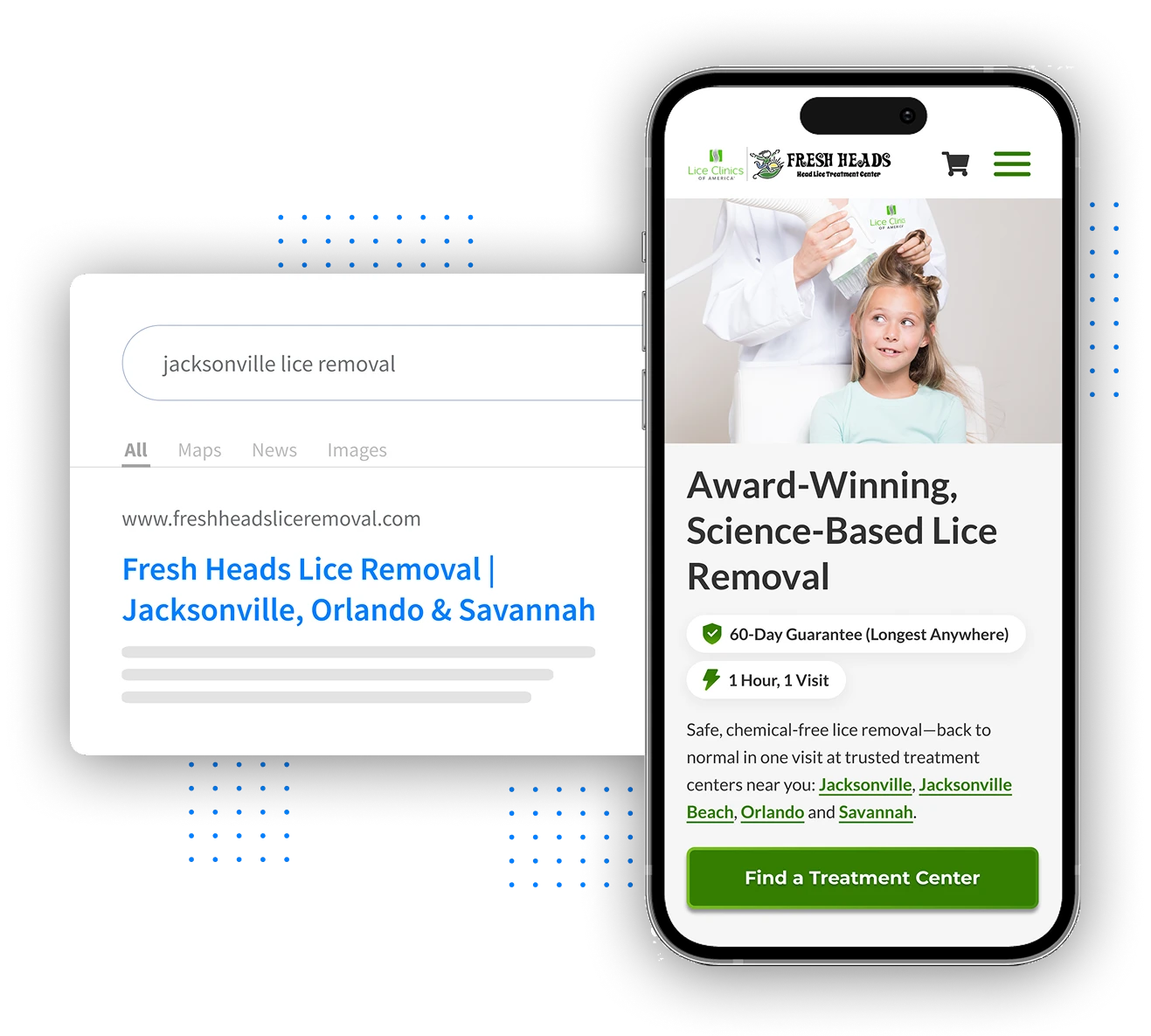 Hero-PaidSearch Brightly lit smartphone showing Fresh Heads Lice Removal mobile site and search results for Jacksonville lice removal services on a dark background.