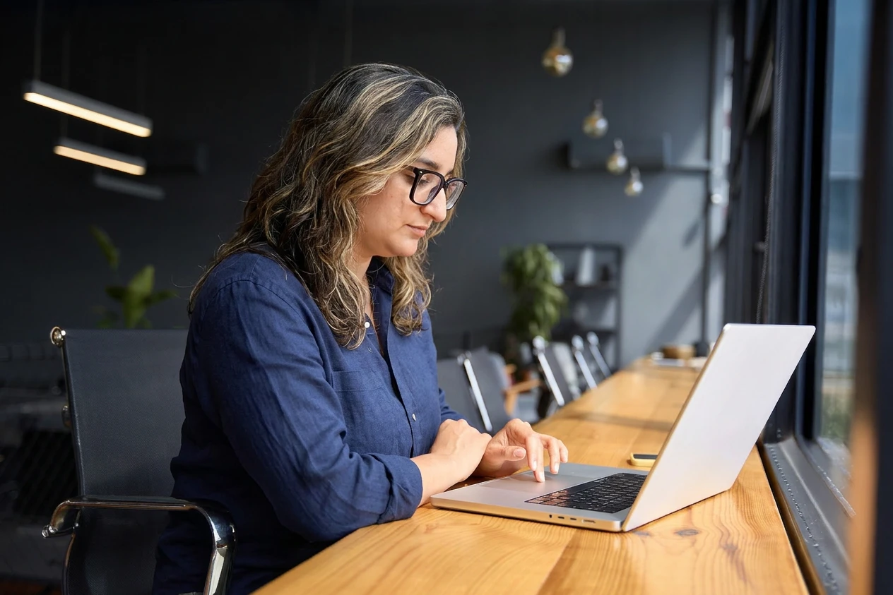 WomanLaptop-Coco Woman in a navy shirt and glasses works on a silver laptop at a wooden desk in a modern, dim-lit office with stylish pendant lighting.