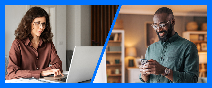 A woman on the left looking at her laptop. A man on the right looking at his phone.