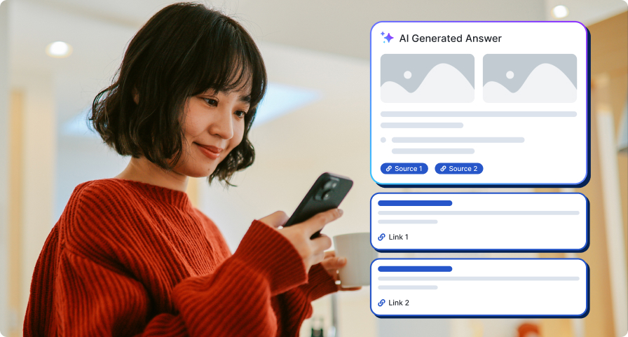 Photo of a woman looking at her phone with graphics of SEO panels
