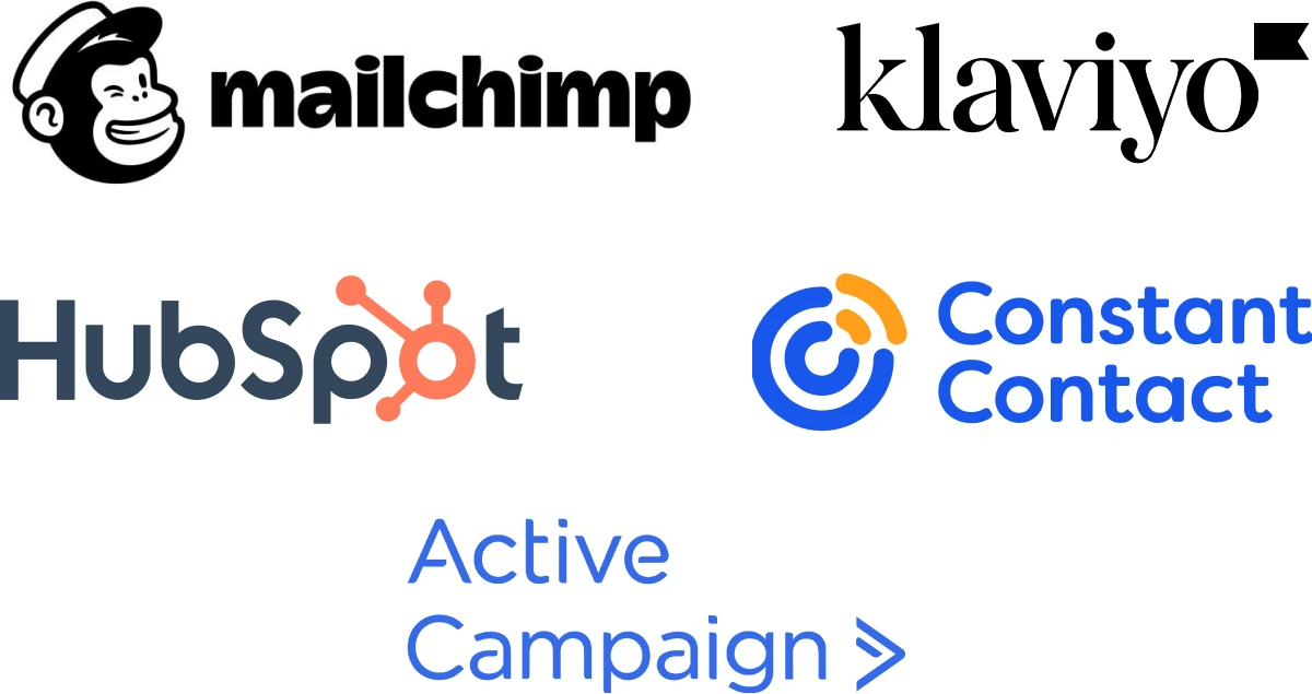 Logos of email marketing platforms: Mailchimp, Klaviyo, HubSpot, Constant Contact, and ActiveCampaign.