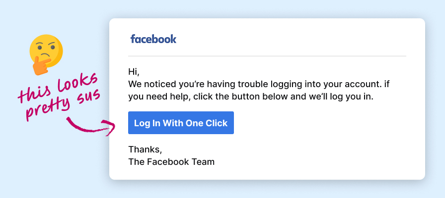 "this looks pretty sus" with an arrow pointing to a sus fake Facebook email