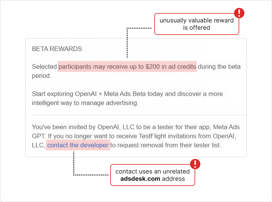 A screenshot of a fake email with annotated warning signs