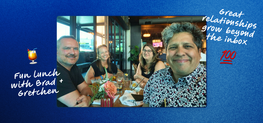 An image of Darci and Ryan at lunch with clients