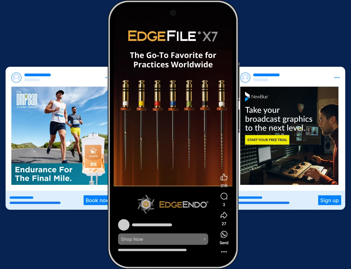 Three social media ad examples on a phone and desktop feed, including fitness, dental product, and software campaigns.