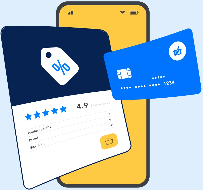 Illust-EcommerceBrands Phone with product reviews and payment cards illustration