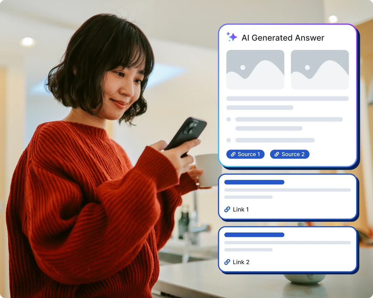Photo-AiAnswer Woman checking her phone next to an AI generated answer panel citing sources and links.