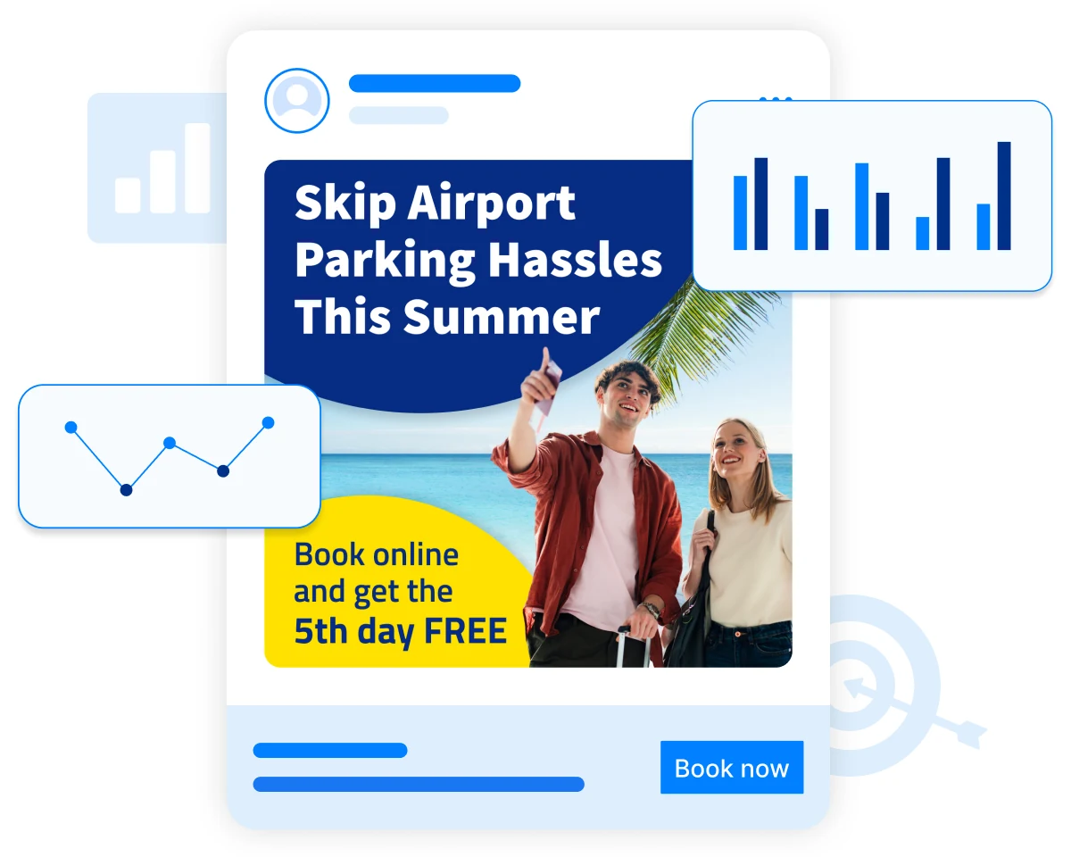 Social media ad mockup for airport parking with performance chart overlays.