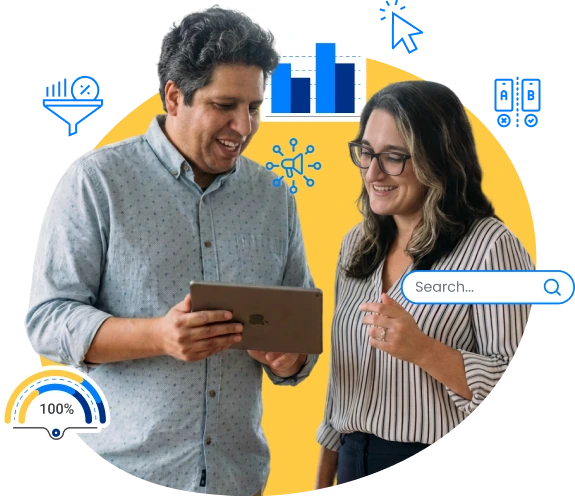 Explore Digital founders Ryan and Darci reviewing marketing analytics on a tablet, surrounded by digital strategy icons like search, performance metrics, and data charts